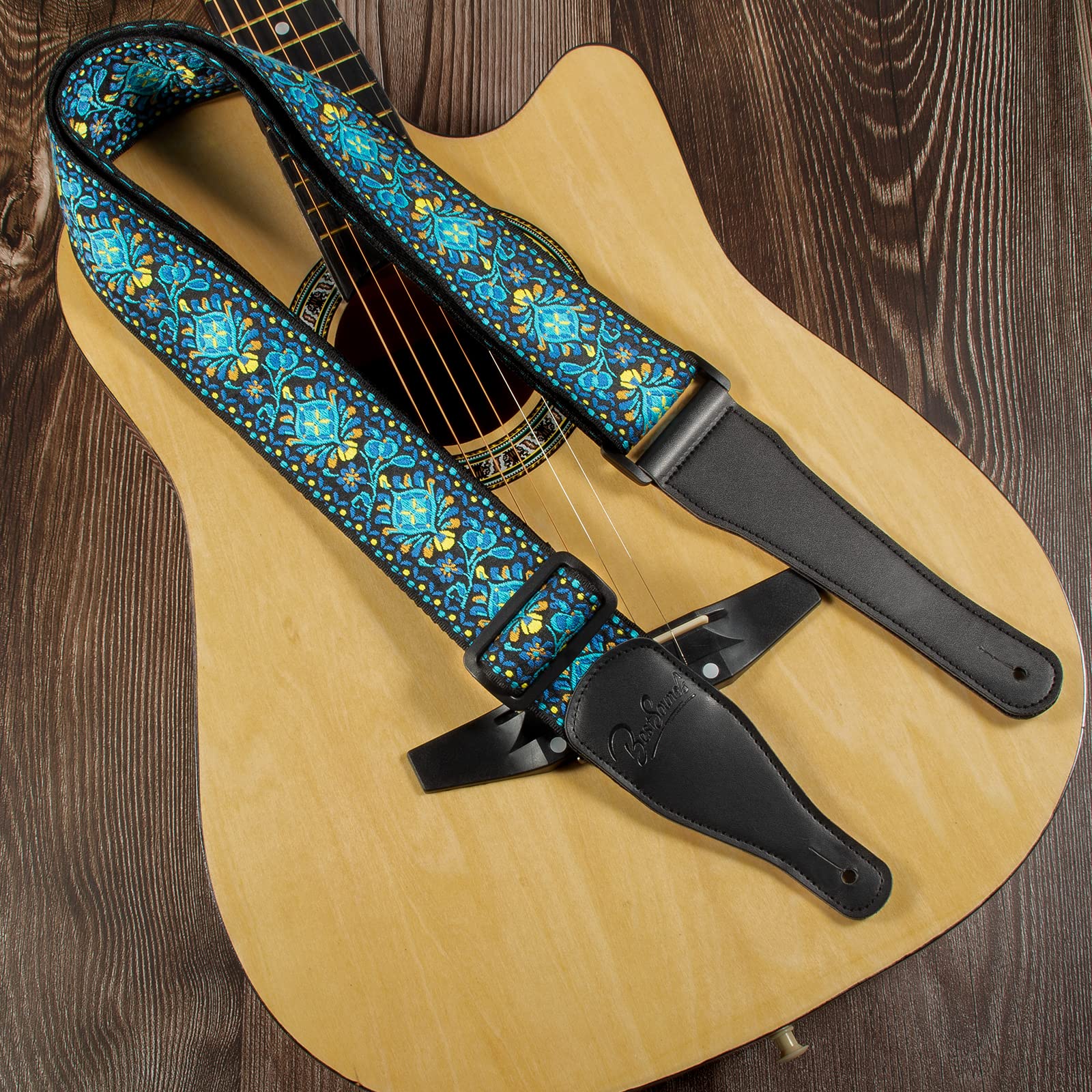 Premium Jacquard Embroidered Cotton Guitar Strap with Genuine Leather Ends - Adjustable Shoulder Strap for Bass, Acoustic & Electric Guitars - Perfect for Live Performances, Studio Sessions & Music Practice