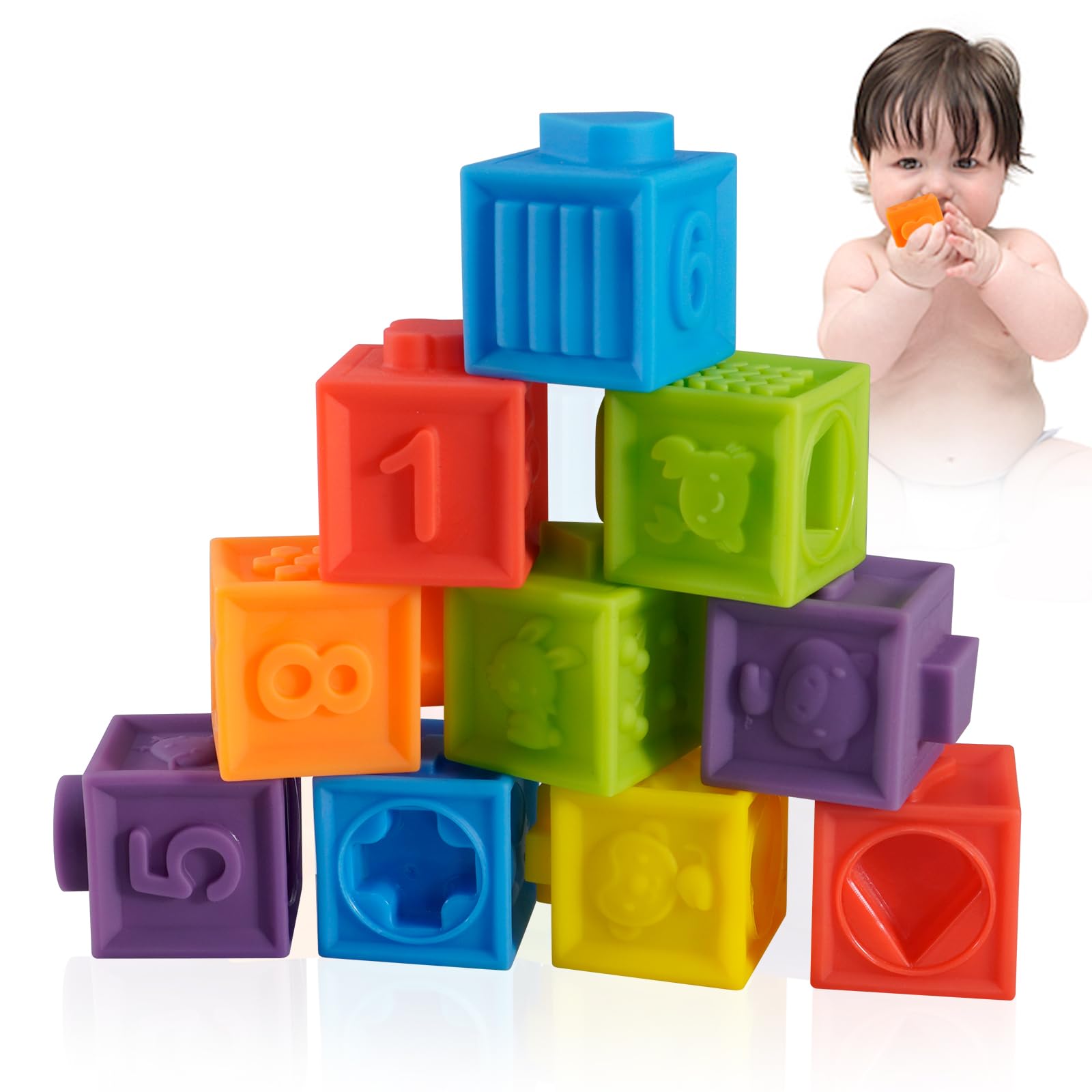 Ganowo 12PCS Soft Stacking Blocks - Educational Baby Toys with Numbers & Animals for 6+ Months | Safe Building Blocks for Toddlers | Perfect Christmas Stocking Stuffers & Infant Gifts | Great for Early Learning & Sensory Play