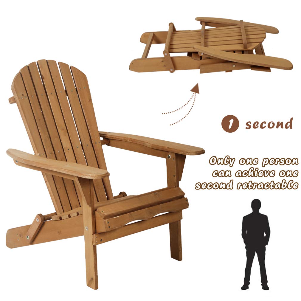 Premium Folding Wooden Adirondack Chair - Natural Finish Outdoor Patio Furniture for Garden, Lawn, Deck & Poolside Relaxation | Comfortable Lounger Accent Chair for Backyard, Beach & Camping