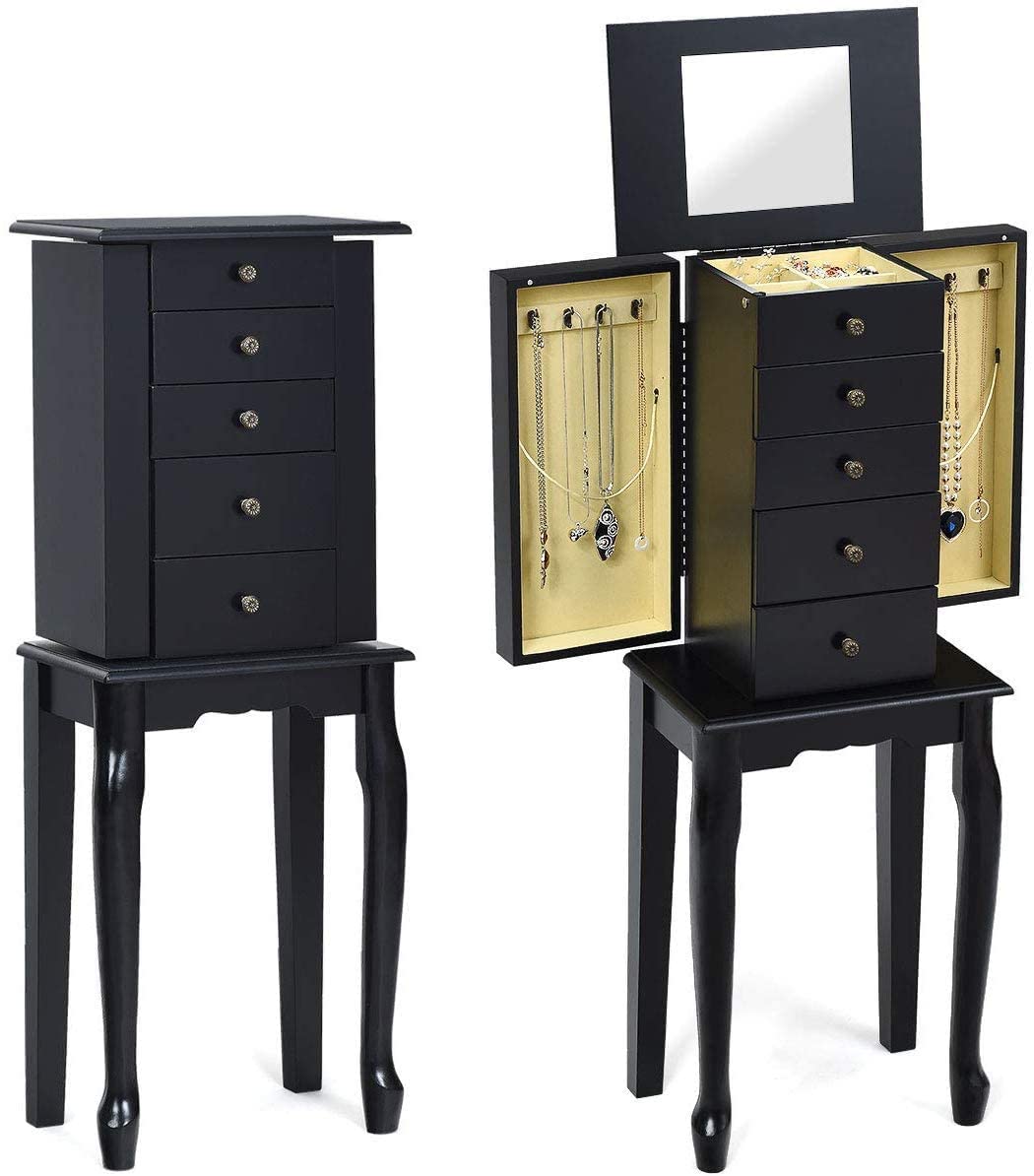 Byroce Jewelry Armoire Cabinet with Flip Top Mirror - 5 Drawers, 2 Doors & 8 Necklace Hooks - Standing Jewelry Storage Organizer for Women & Girls (Black) - Perfect for Bedroom, Closet & Dressing Room Organization