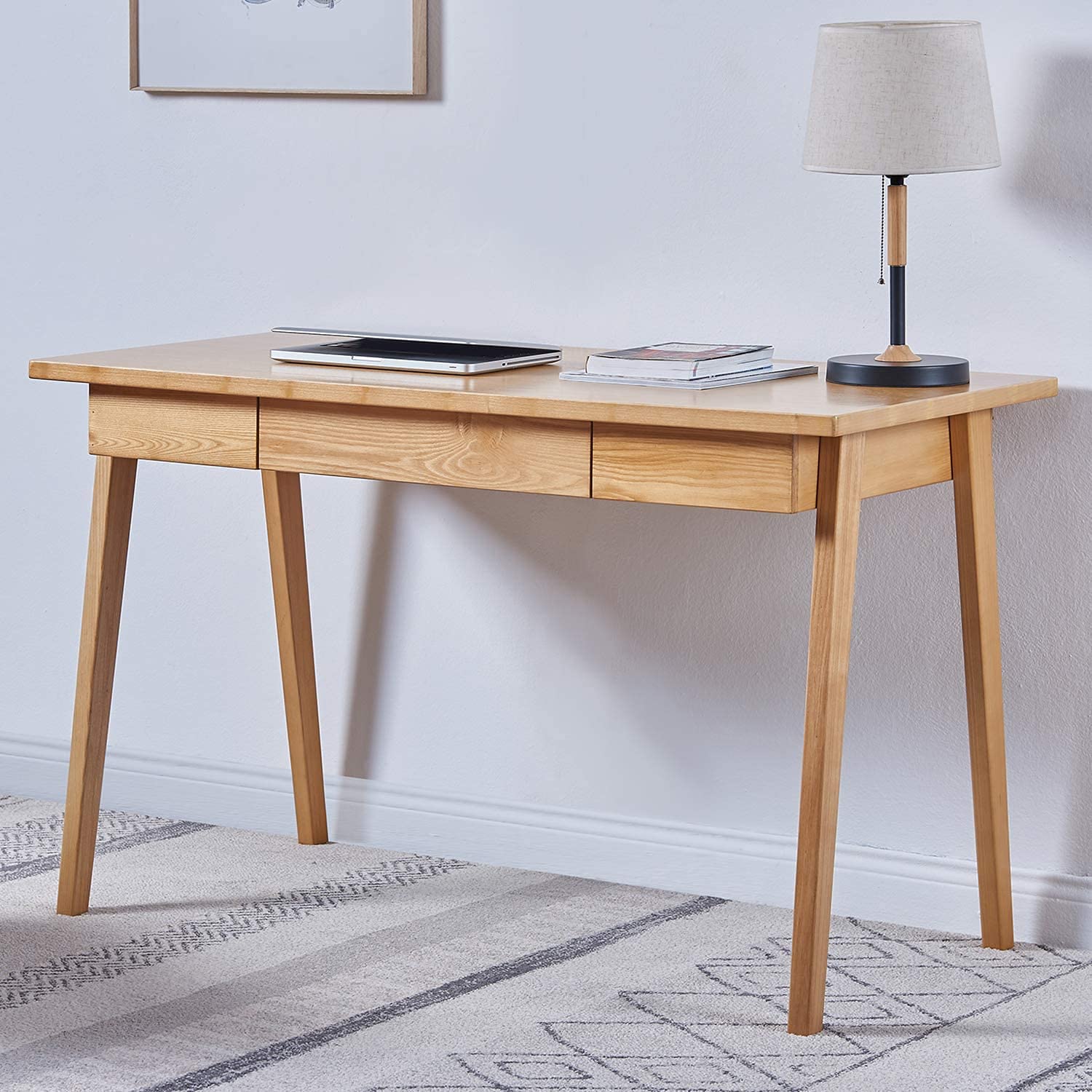 Solid Wood Home Office Desk with Drawer - Large Computer Desk for Study, Writing & Workstation - Perfect for Remote Work & Small Spaces (Brown)