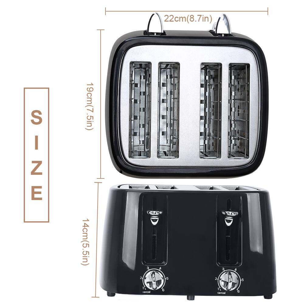 4 Slice Toaster with Extra Wide Slots - 6 Browning Settings & Cancel Function - Perfect for Bagels, Bread, Puff Pastry & Snacks - Ideal for Breakfast, Office & Small Baking - Black