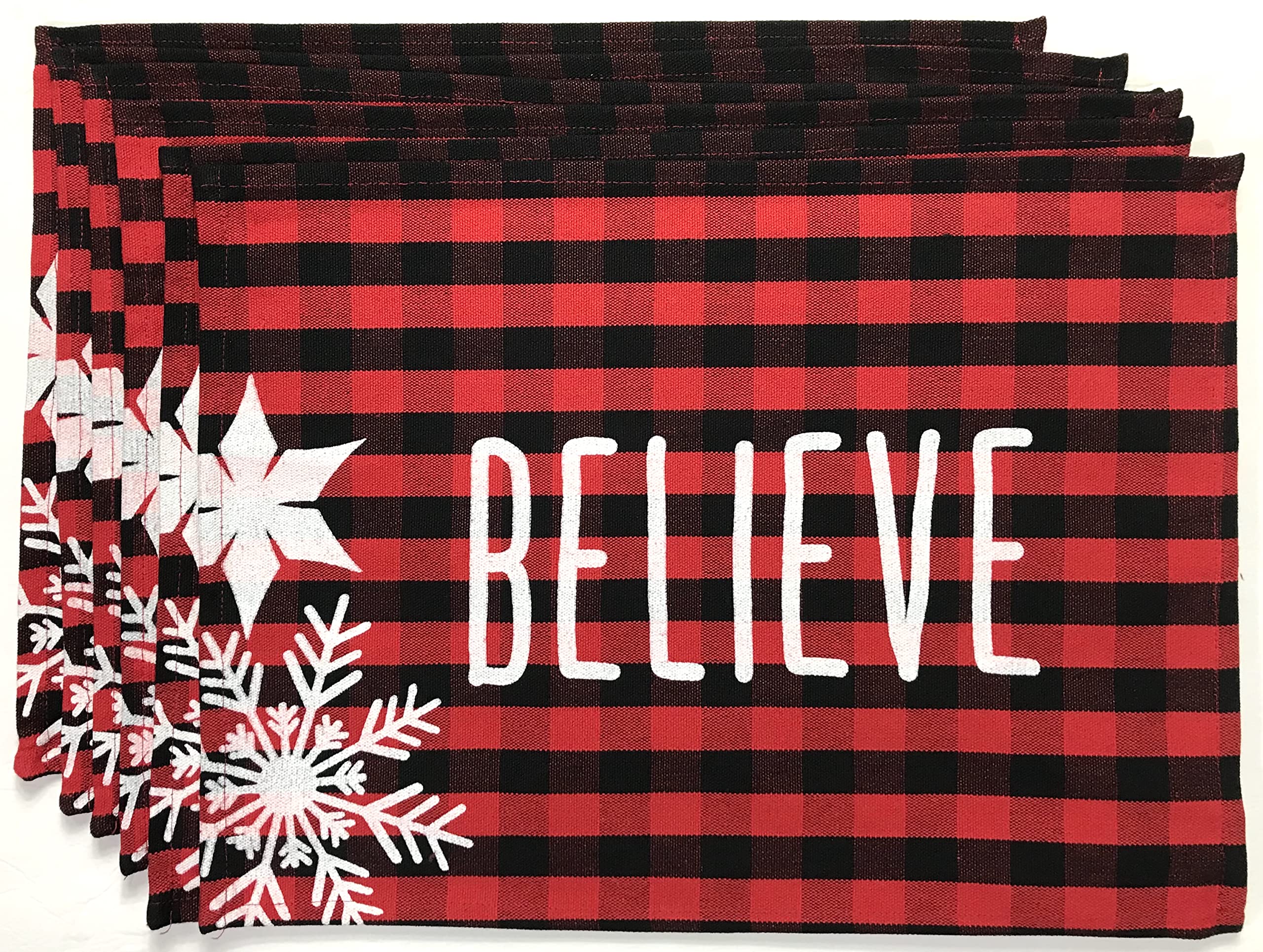 Farmhouse Christmas Placemats Set of 6 - Distressed Believe Print Holiday Table Mats in Black & Red Check Fabric for Dining Decor - Perfect for Christmas Dinner, Winter Gatherings & Festive Home Decor