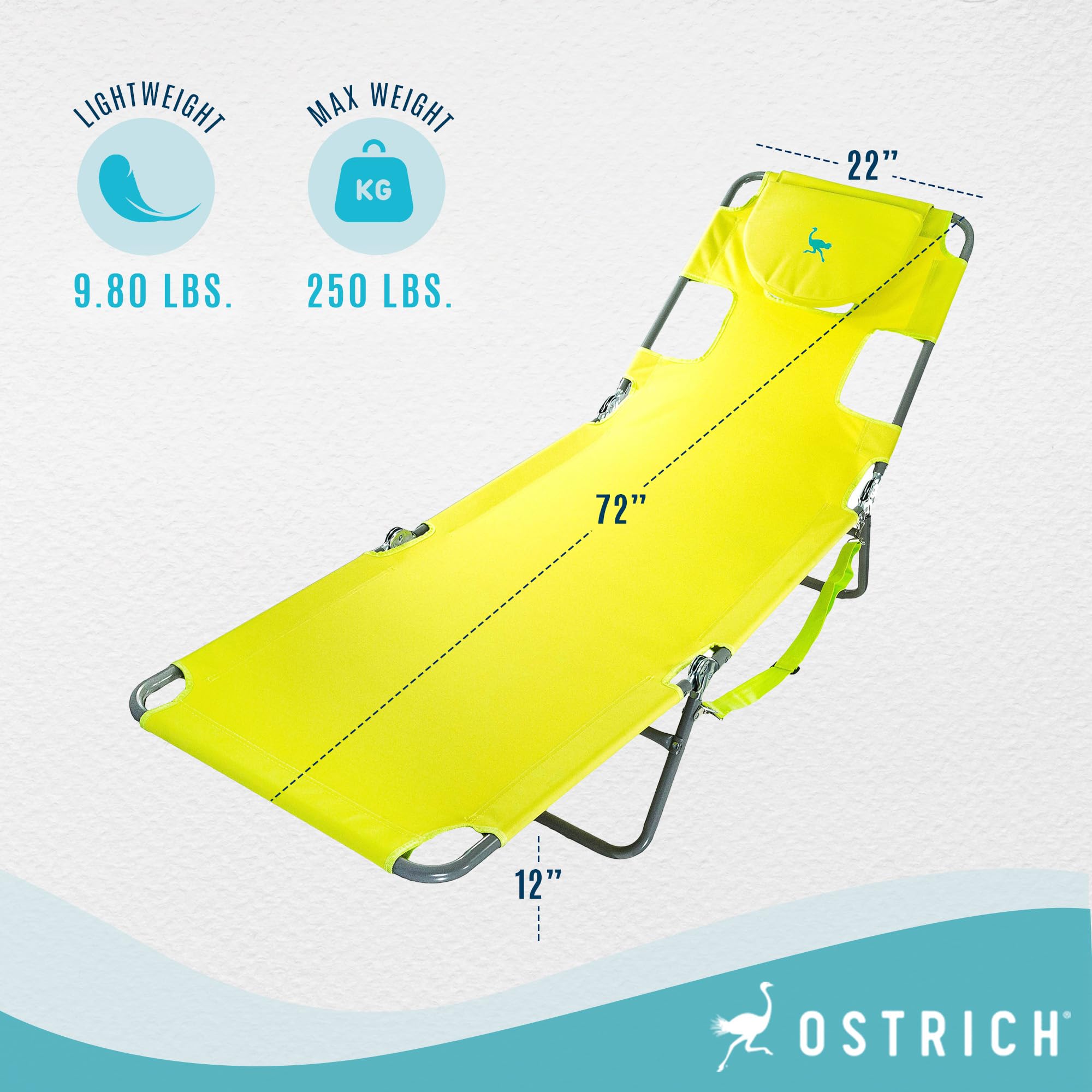 Portable Folding Ostrich Chaise Lounge Chair - 3 Position Adjustable Outdoor Recliner for Beach, Patio, Camping & Poolside with Carrying Strap - Neon Green (Set of 3) - Perfect for Relaxing in Sun, Backyard Lounging & Vacation Getaways