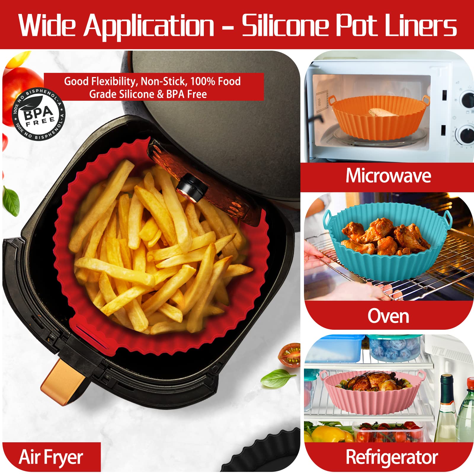 2 Pack 8 Inch Reusable Silicone Air Fryer Liners - Non-Stick Round Basket for 3.5-7 QT Air Fryers, Ovens & Microwaves (Black+Red) - Perfect for Baking, Roasting & Reheating Food Without Mess
