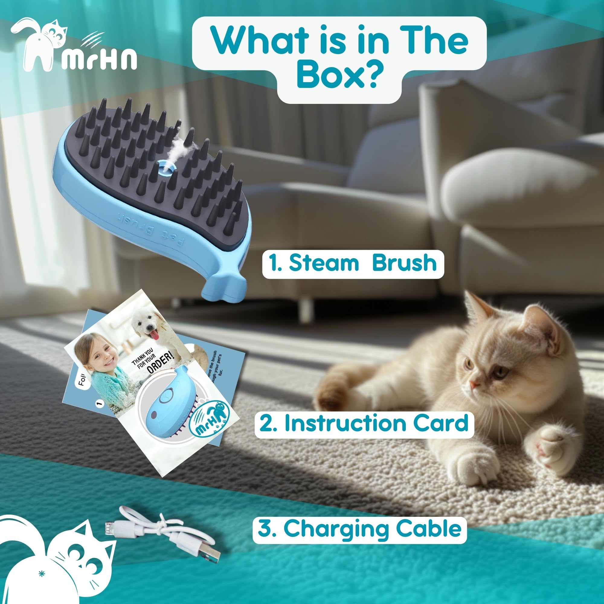MrHN Cat Steam Brush - Self Cleaning Pet Grooming Brush with Steam for Cat Massage, Detangling & Loose Hair Removal (Blue) | Perfect for Long-Haired Cats & Shedding Season Grooming