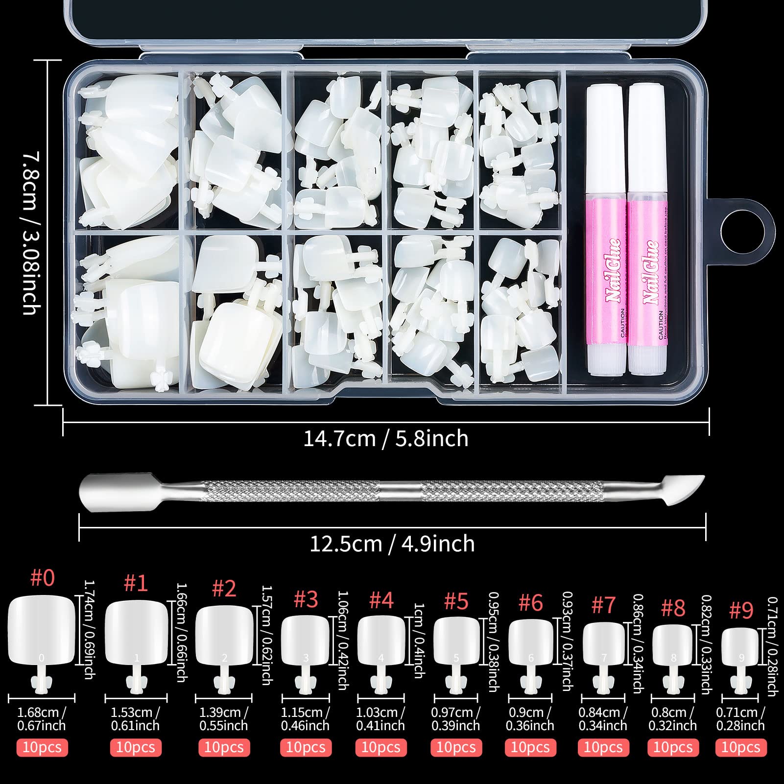 100PCS Acrylic Fake Toenails Set - 10 Sizes Natural Full Cover Artificial Toe Nail Tips with Storage Box for Women & Girls - Perfect for Nail Salon, DIY Nail Art, Pedicures, and Home Manicure Kits