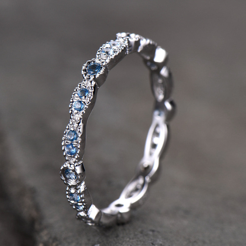 14k/18k White Gold Eternity Topaz Wedding Band with Milgrain Detailing - Perfect for Engagement Rings, Anniversary Gifts & Bridal Jewelry