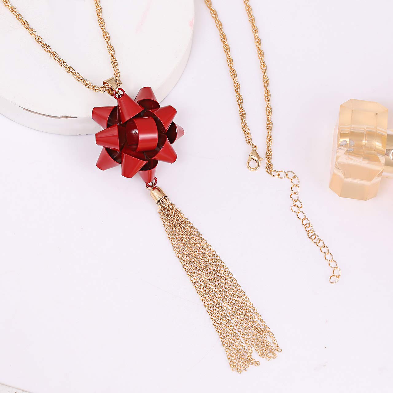 Christmas Gifts for Women - Elegant Xmas Bow Pendant Necklace with Tassel Chain, Long Layering Necklaces for Holiday Parties & Festive Occasions