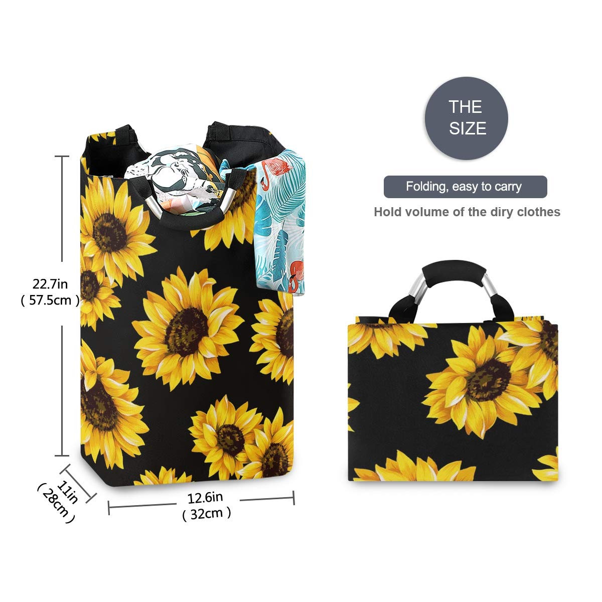 Large Foldable Sunflower Laundry Hamper - Waterproof Durable Collapsible Clothes Storage Basket with Handles - Perfect for Home, Bathroom, Bedroom & Laundry Room Organization