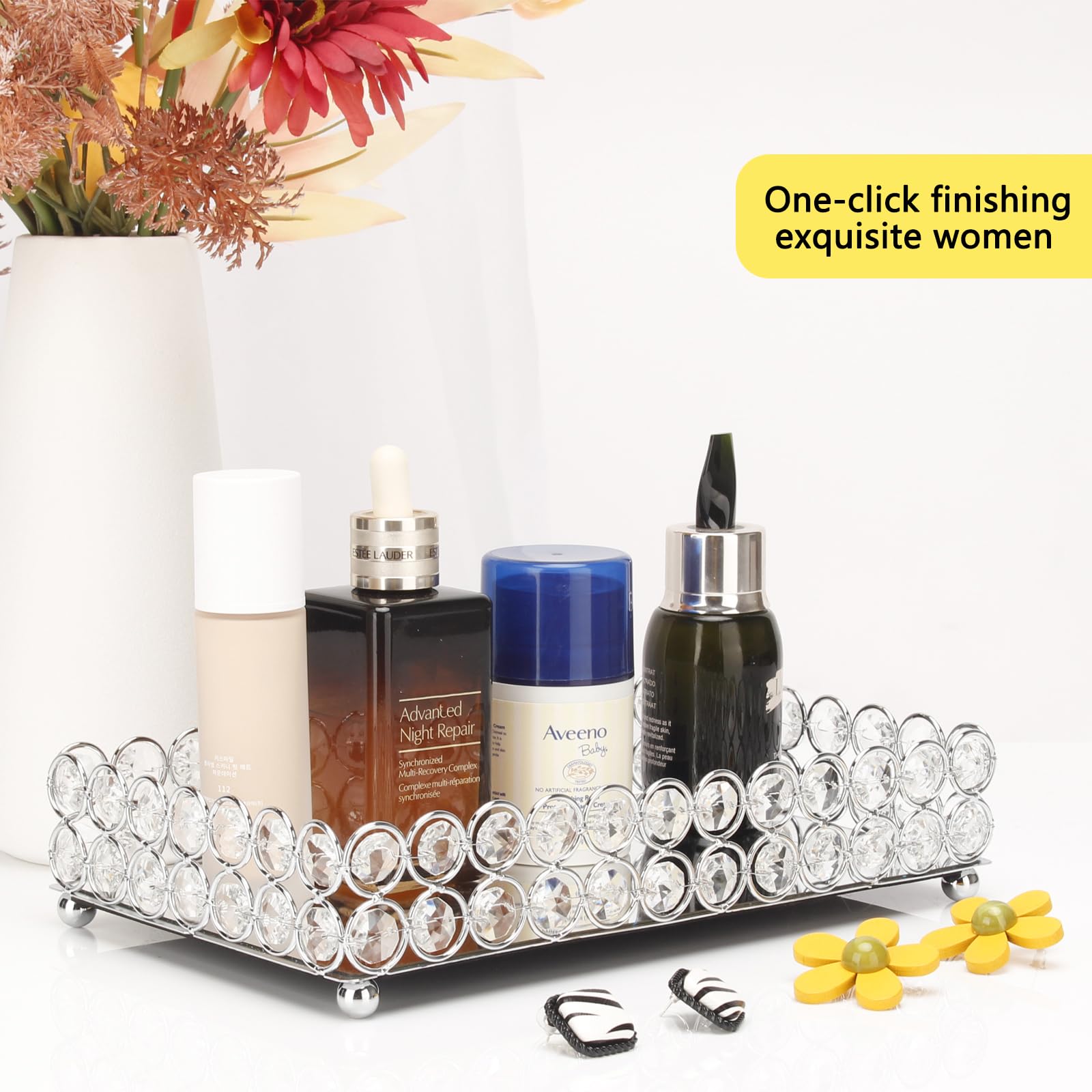 Elegant Silver Crystal Mirror Perfume Tray - Small Glass Vanity Tray for Jewelry, Makeup & Decor | Perfect for Dresser, Coffee Table & Bathroom Organization | Bandeja para Perfumes & Accesorios