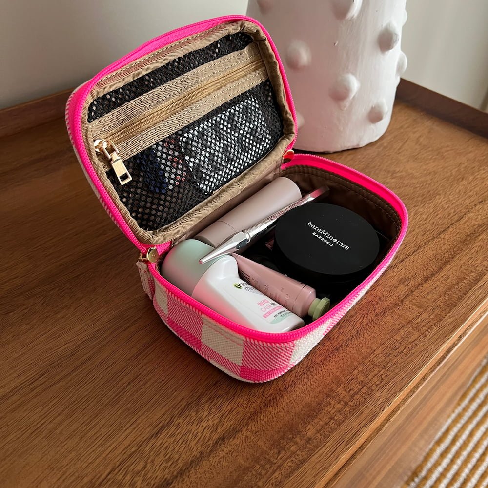 Handy Handle Case - Neon Pink Gingham Phone Grip Stand for iPhone & Samsung - Perfect for Selfies, Video Calls & Secure Phone Handling