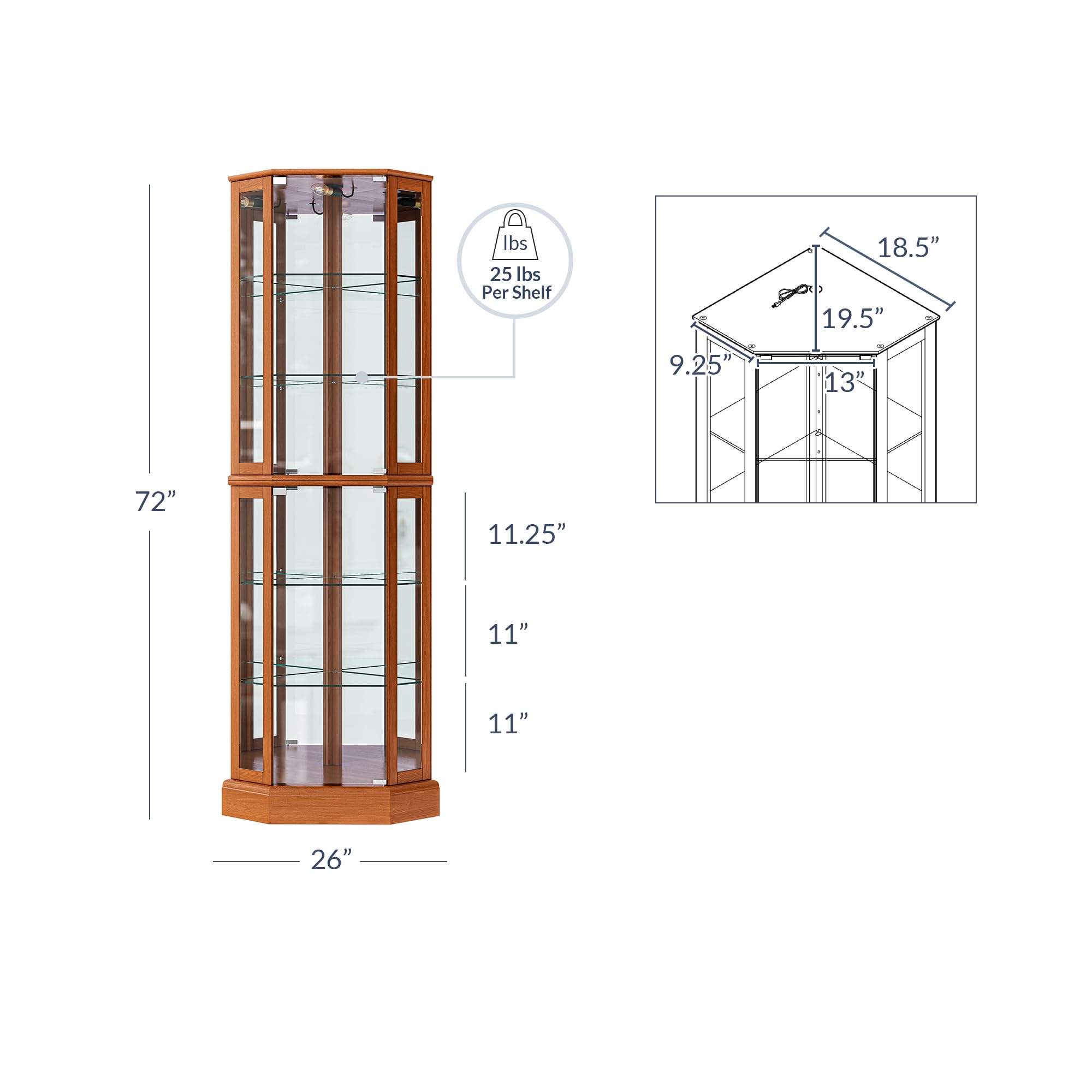 BELLEZE Corner Curio Cabinet with LED Lights - Tempered Glass China Hutch & Bar Storage, Wooden Accent Display Case for Living Room - Ashfield Oak Finish | Perfect for Showcasing Collectibles, China & Liquor Bottles