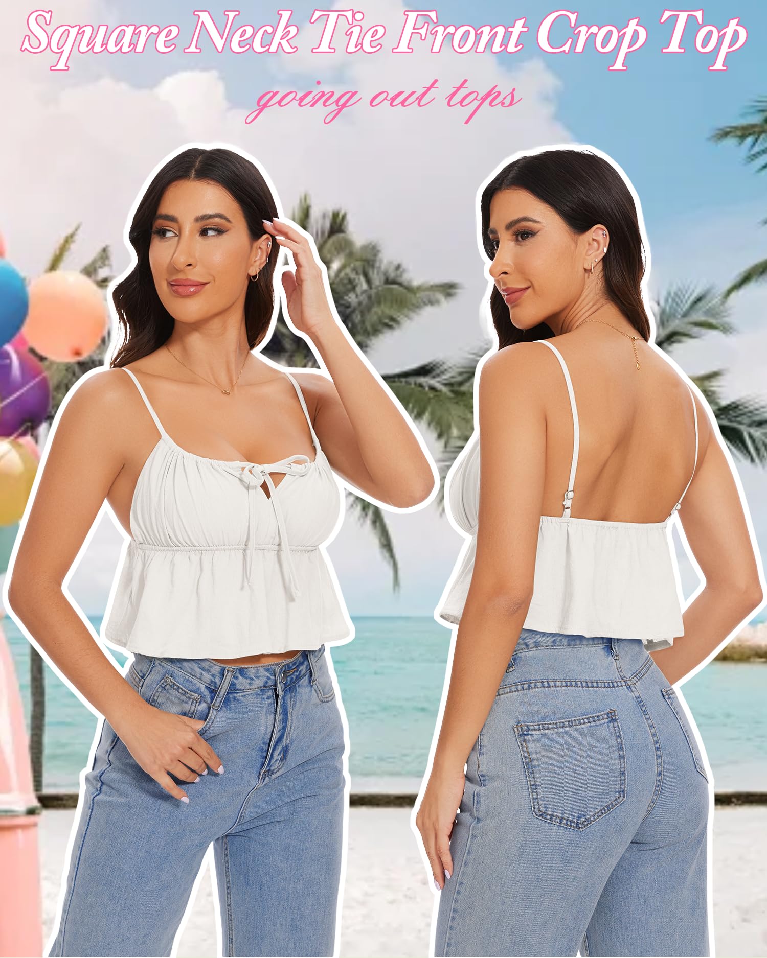Jenbou Women's Square Neck Tie Front Crop Top - Sexy Ruched Ruffle Hem Summer Tank Top for Casual Outfits, Beach Wear & Night Out
