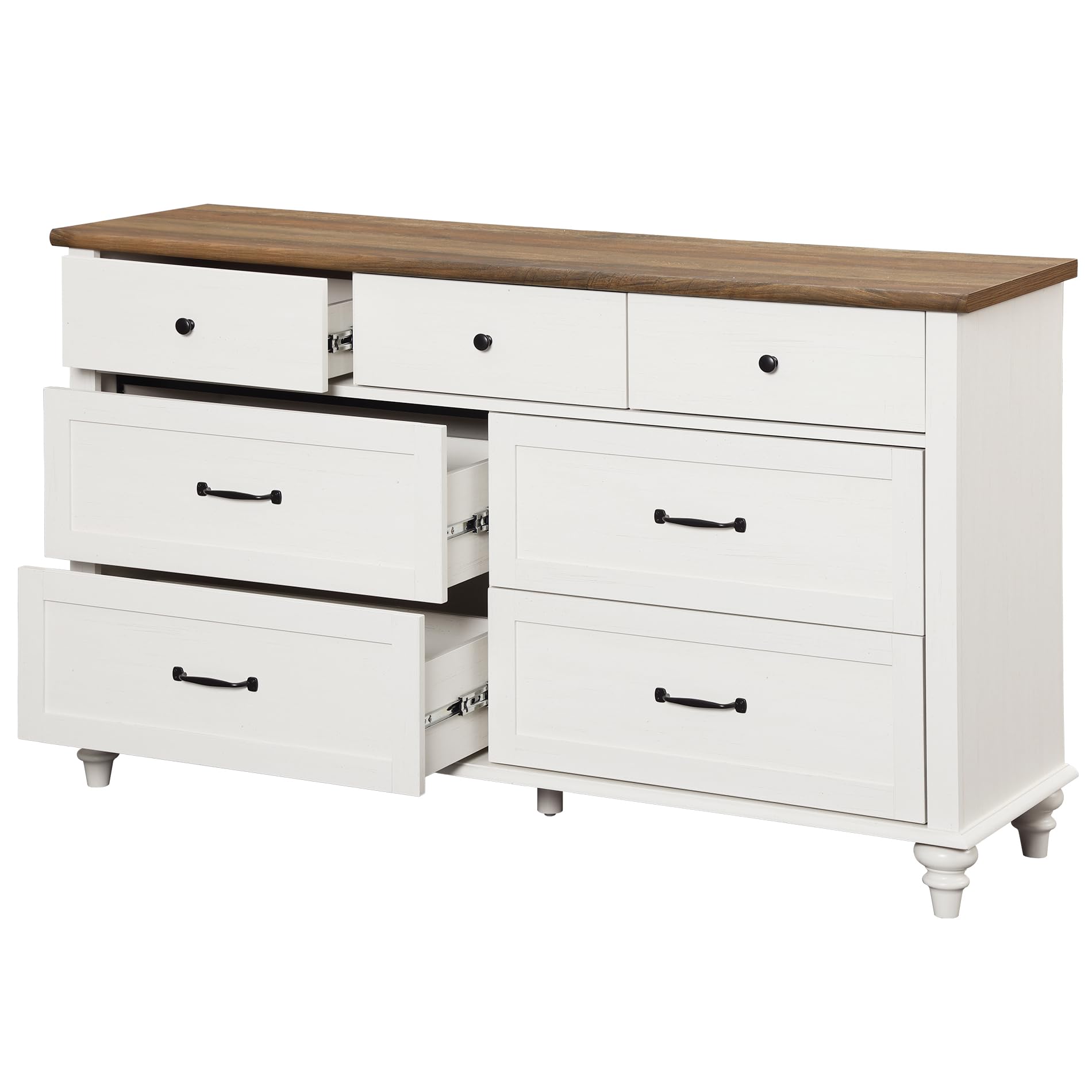 WAMPAT 7-Drawer Kids Dresser for Nursery & Bedroom - White Mid Century Modern Baby Dresser Organizer, 54 Inch Wide Distressed Chest for Children's Room Storage - Perfect for Clothes, Toys & Nursery Organization