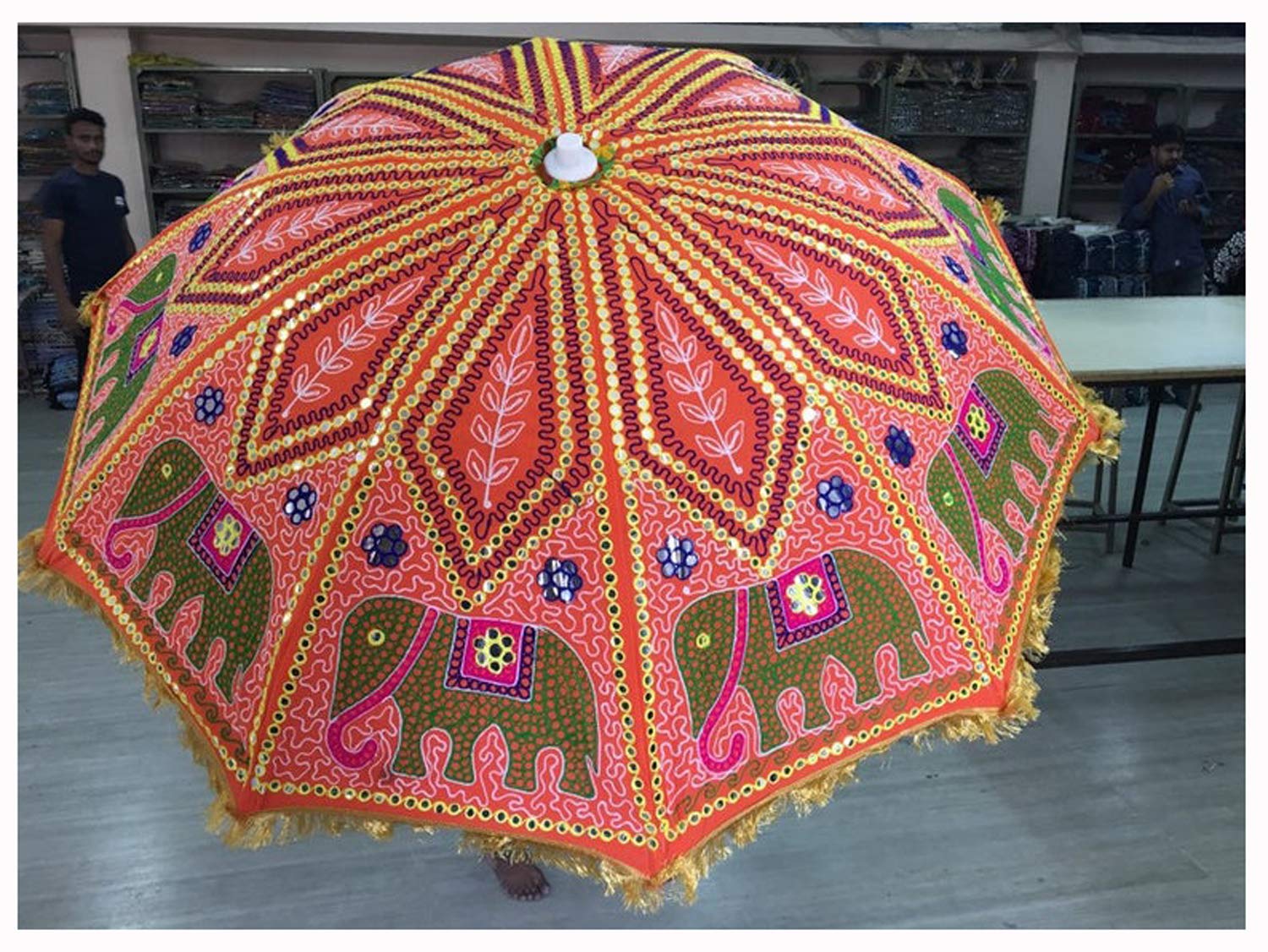 Handmade Indian Elephant Boho Umbrella - Cotton Embroidered UV Protection Sun Parasol for Beach, Wedding & Bohemian Decor | Hippie Gypsy Style (Red Embroidery)