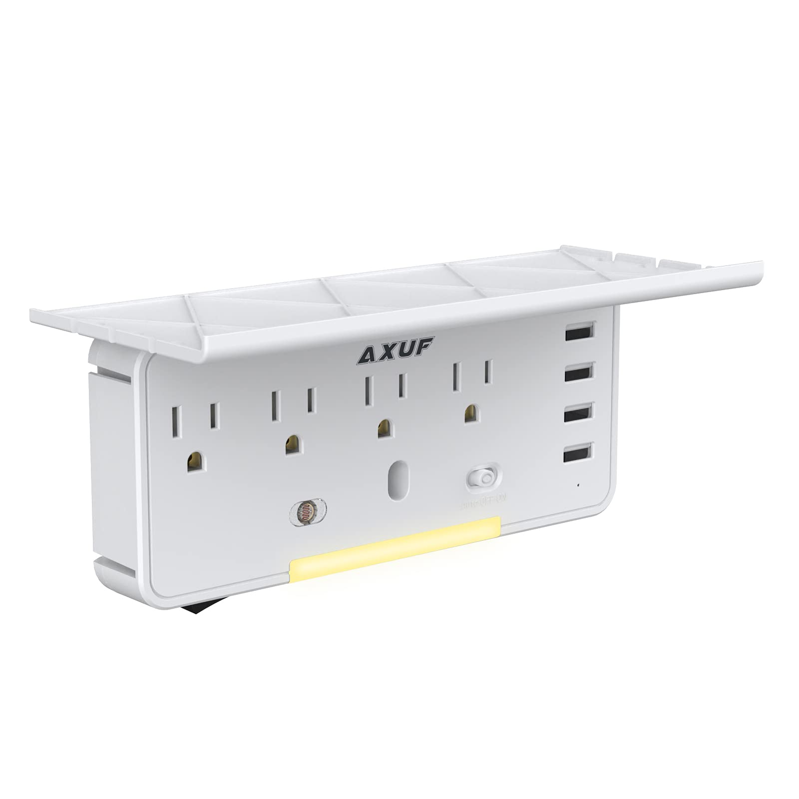 AXUF Surge Protector Wall Outlet with 4 USB Ports & Built-in Shelf - 4AC Electrical Outlet Extender, Smart Night Light for Bedroom, Office, Kitchen | Space-Saving Charging Station for Phones, Tablets & Lamps