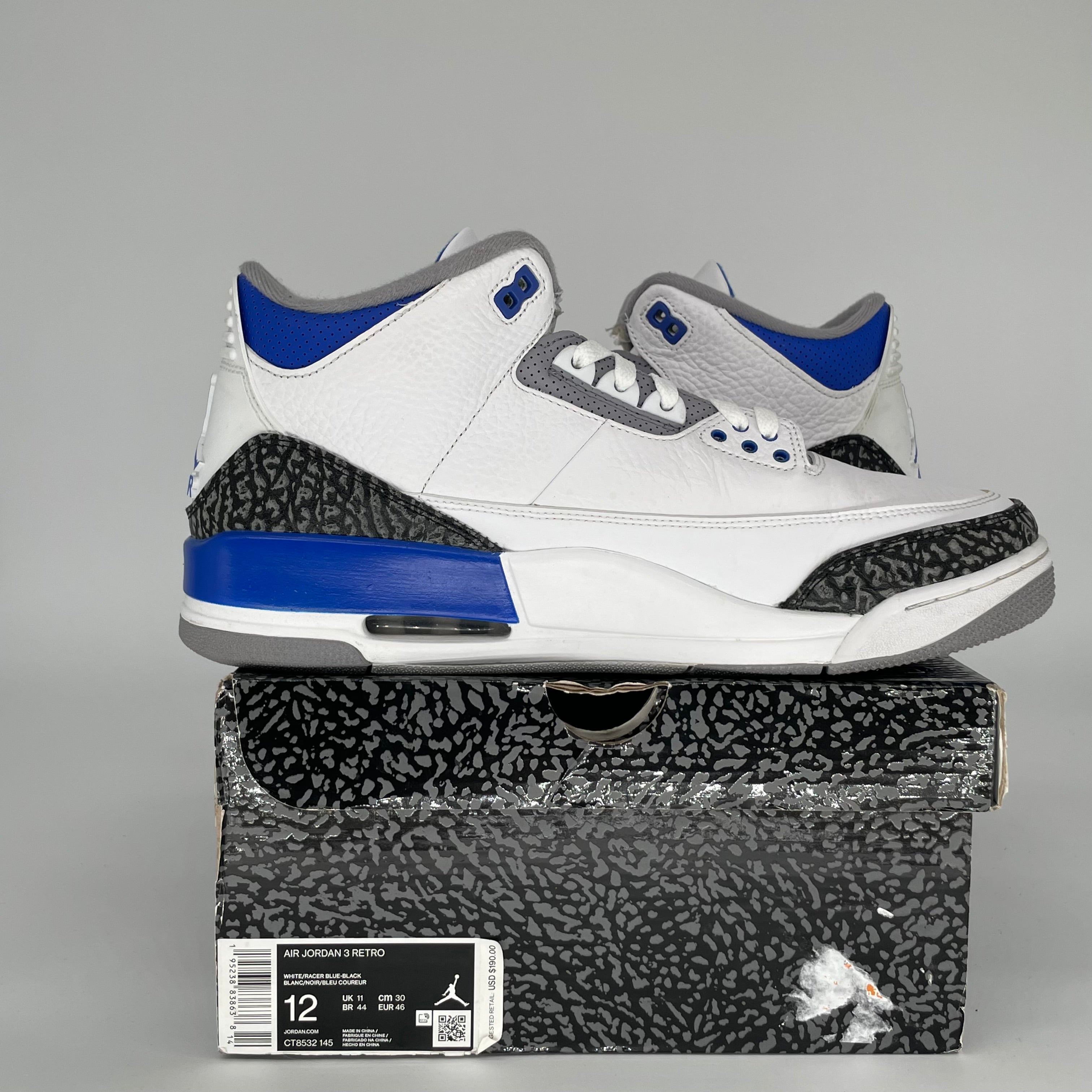 AIR JORDAN 3 RACER BLUE Men's Basketball Shoes Size 12 - Retro Style Sneakers for Running, Training & Casual Wear (CT8532-145)