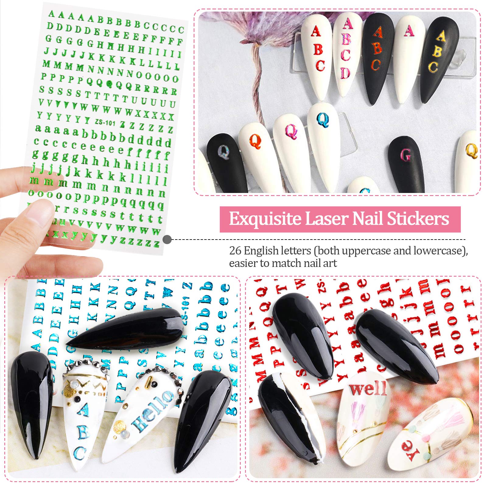 EBANKU 12 Sheets Holographic Alphabet Nail Stickers - Small 3D Laser Letter Nail Decals for Nail Art | Self-Adhesive Nail Decor for Parties, Weddings & DIY Manicures