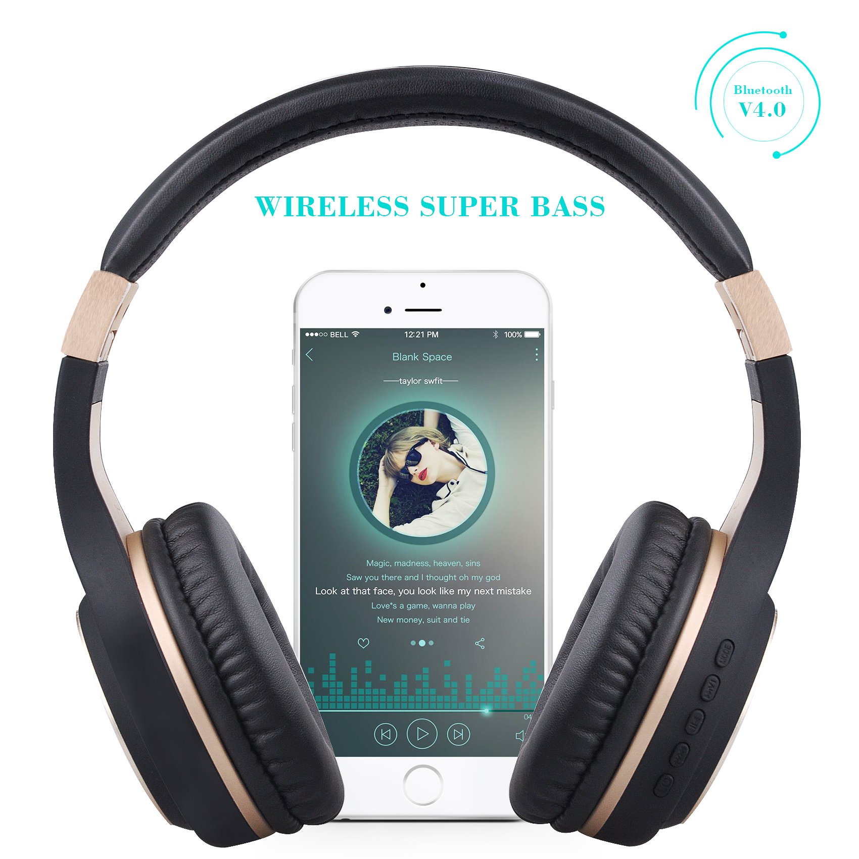 Riwbox XBT-80 Wireless Bluetooth Headphones with Microphone - Foldable Over-Ear Headset with Volume Control for iPhone, iPad, Laptop, TV - Perfect for Travel, Workouts & Home Entertainment (Black & Gold)