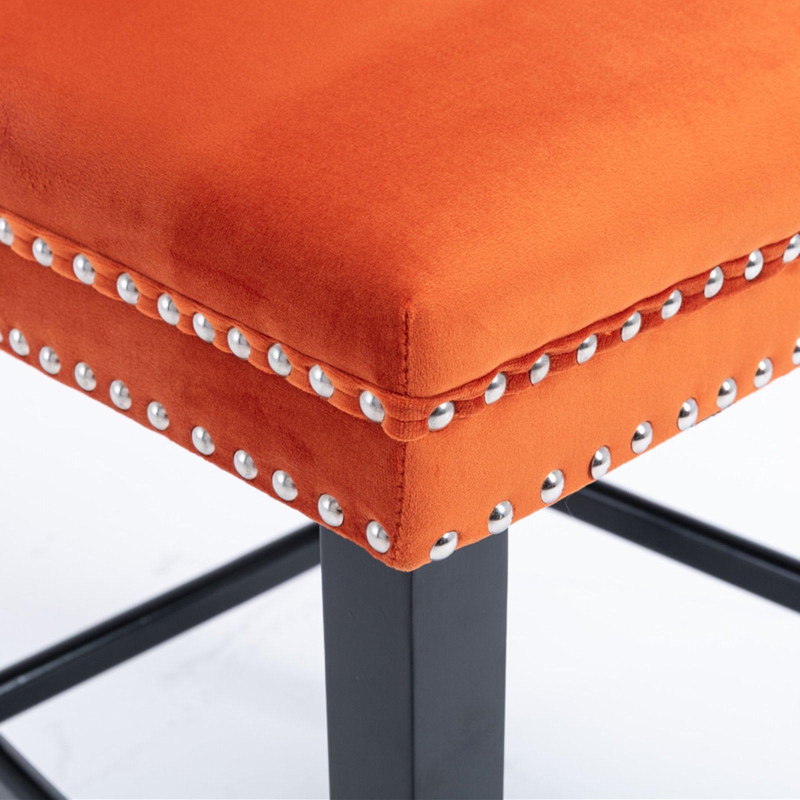 Luxury Velvet Bar Stools Set of 2 - Modern Button Tufted Bar Chairs with Wooden Legs & Chrome Nailhead Trim - Orange Upholstered Counter Stools for Kitchen Island, Home Bar & Dining Room Decor