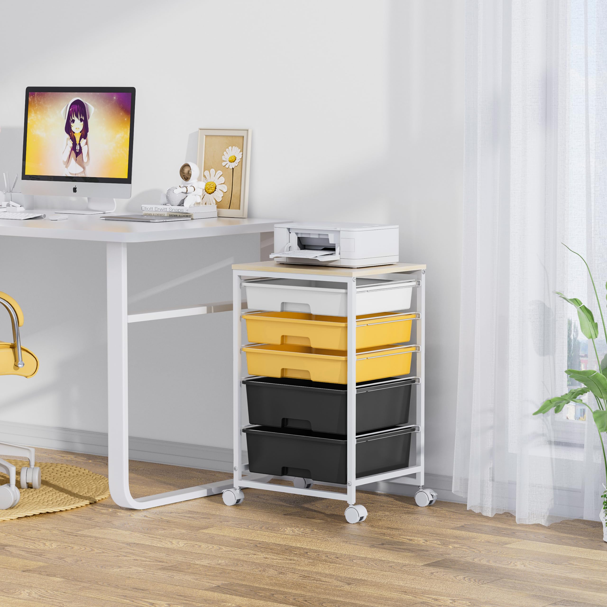5-Drawer Utility Cart with Wooden Tabletop & Lockable Wheels - Large Capacity Rolling Storage Cart for Home, Office, or Workshop (Yellow) - Perfect for Organizing Tools, Crafts, or Office Supplies