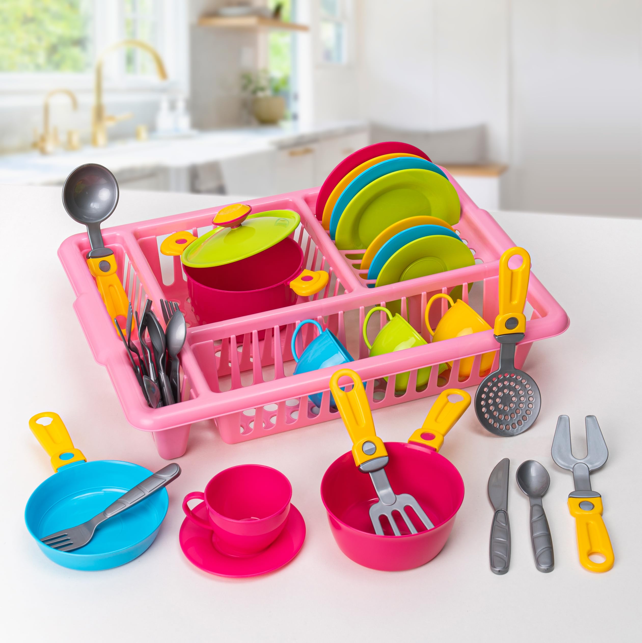 Colorful 33-Piece Kids Pretend Play Kitchen Dishes Set with Drainer - Durable Toy Cookware & Tableware for Toddlers | Perfect for Role Play, Tea Parties & Learning Fun (Pink)