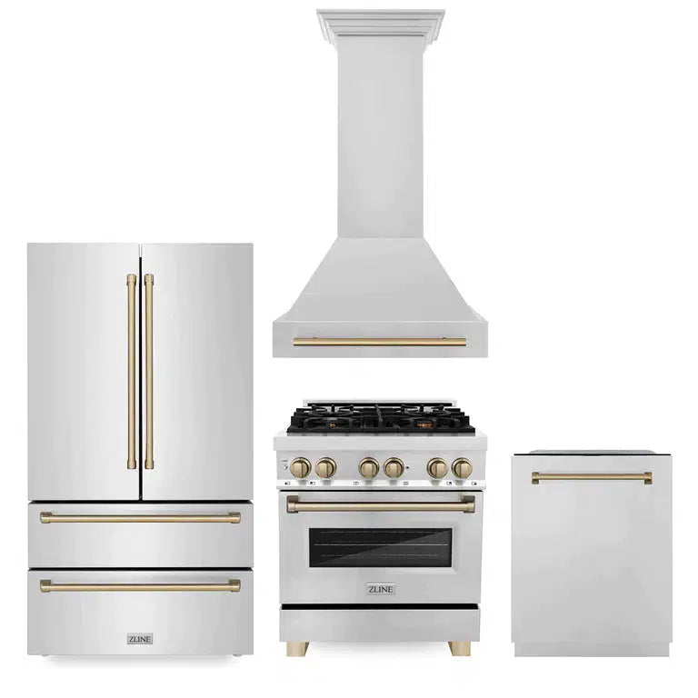 ZLINE Autograph Edition 30-inch Stainless Steel Dual Fuel Range Kitchen Package with Range Hood, Dishwasher & Refrigerator - Champagne Bronze Accents (4KAPR RARHDWM30 CB) | Premium Kitchen Appliances for Modern Homes & Professional Chefs