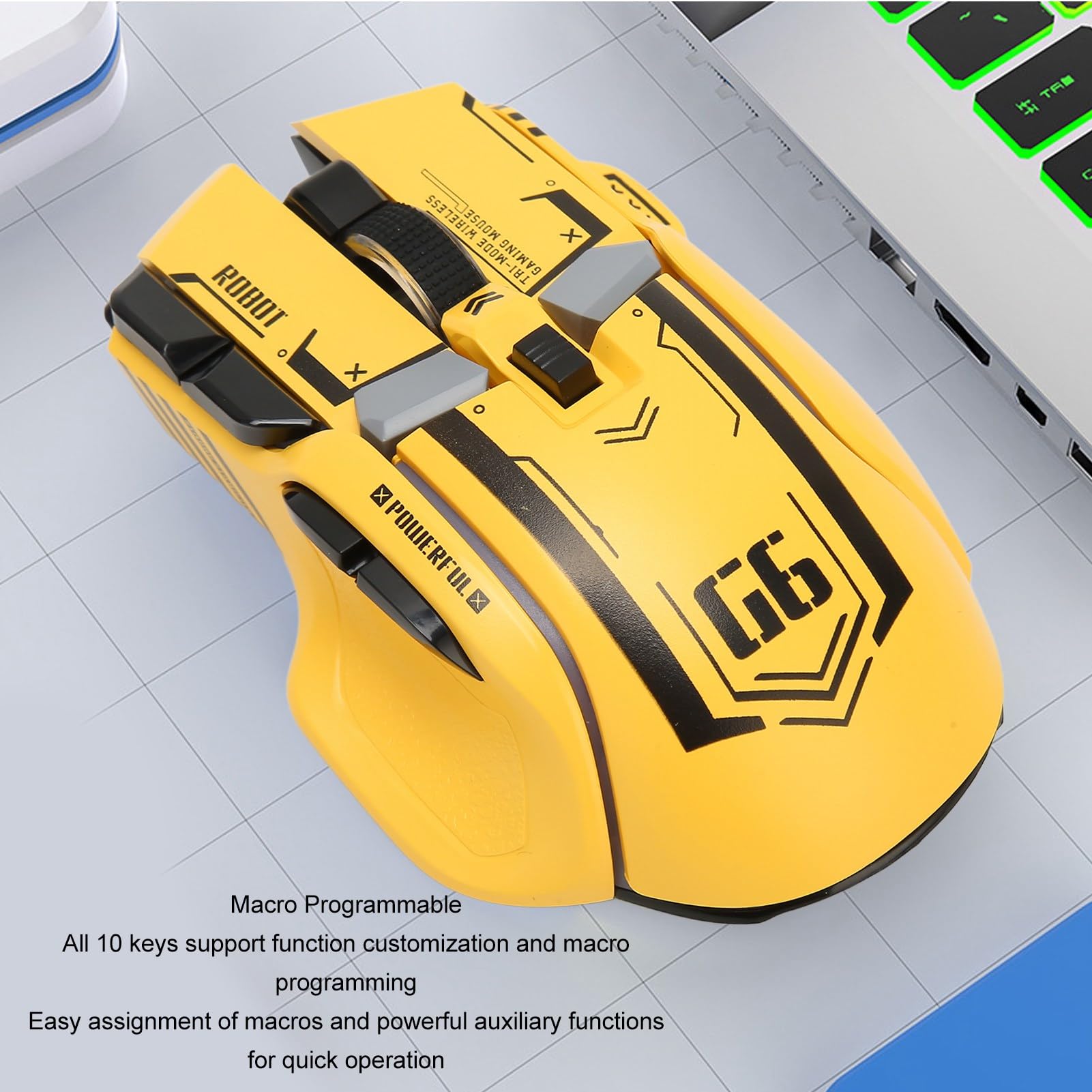 Wireless Gaming Mouse 2.4G Wired Bluetooth 3-in-1 RGB Mouse with 11 Color Lights & 5 Adjustable DPI - Compatible with Windows Android iOS (Yellow) - Perfect for PC Gaming, Office Work & Mobile Gaming