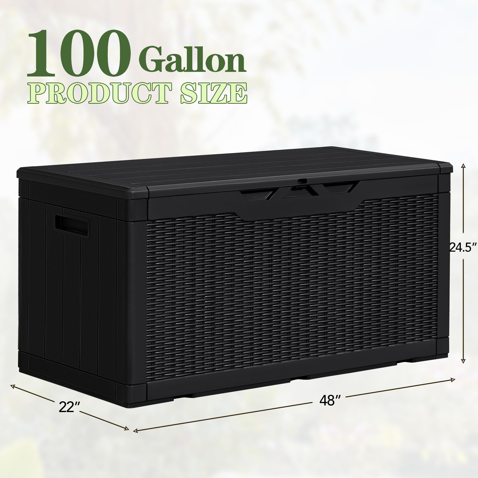 Greesum 100 Gallon Waterproof Resin Outdoor Storage Box - Black - Ideal for Garden Tools, Patio Furniture Cushions, Pool Toys & Backyard Organization - Perfect for Deck, Garage & Poolside Storage