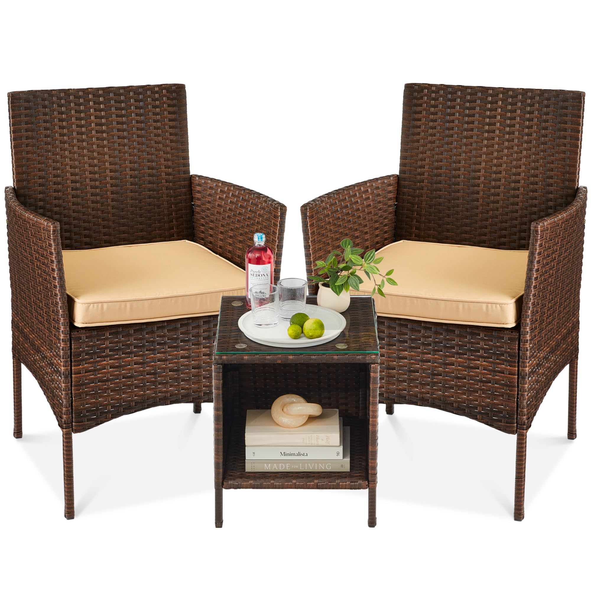 Best Choice Products 3-Piece Outdoor Wicker Bistro Set with Side Table - Space Saving Patio Furniture for Garden, Balcony or Deck - Brown/Tan Color - Perfect for Small Spaces, Morning Coffee & Outdoor Relaxation