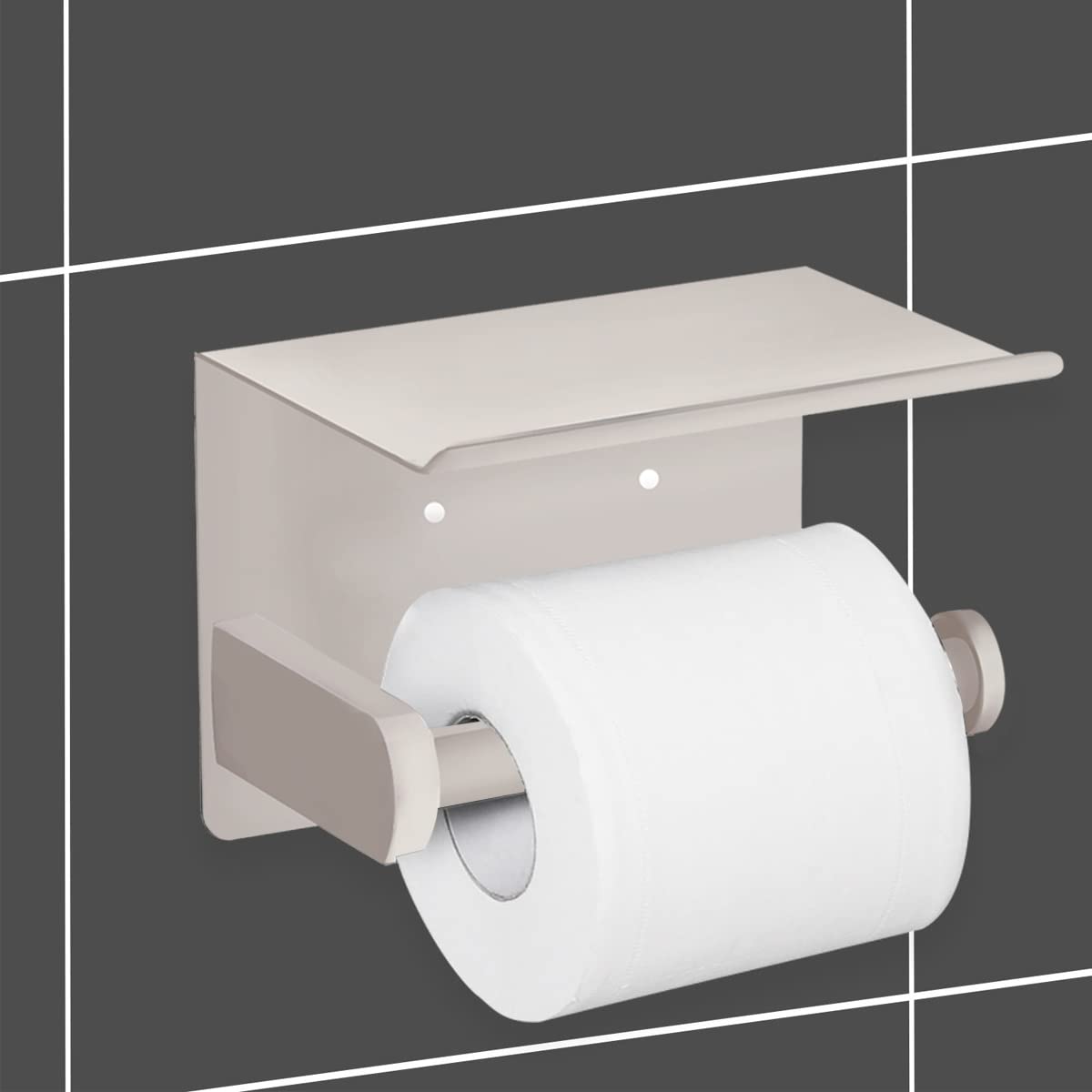 VAEHOLD Self-Adhesive Toilet Paper Holder with Phone Shelf - SUS 304 Stainless Steel Wall Mounted Bathroom Tissue Roll Holder - Rustproof & Waterproof Design - Beige - Perfect for Small Bathrooms, Powder Rooms & RVs
