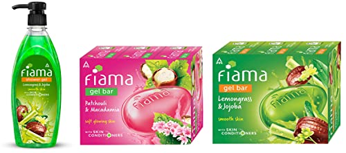 Fiama Shower Gel Set - Lemongrass & Jojoba Body Wash (500ml Pump) + Patchouli Macadamia & Lemongrass Jojoba Gel Bars (125g x 6) | Moisturizing Bath Essentials for Men & Women | Spa-Like Shower Experience at Home