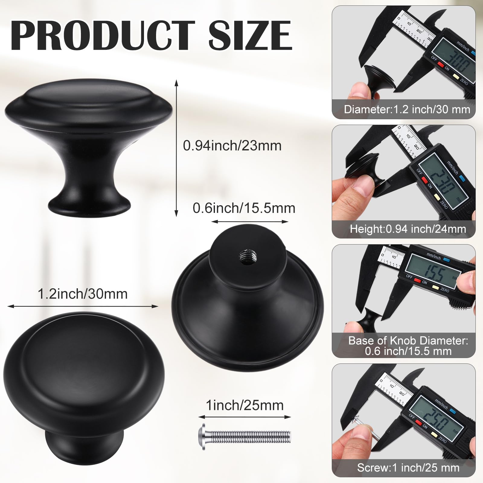 Ripeng 30-Pack Black Round Cabinet Knobs - 1.2 Inch Solid Kitchen Drawer Pulls, Dresser Handles with Screws for Cabinets, Cupboards & Furniture (Perfect for Kitchen Remodel, Bathroom Vanity & Bedroom Dresser Upgrades)
