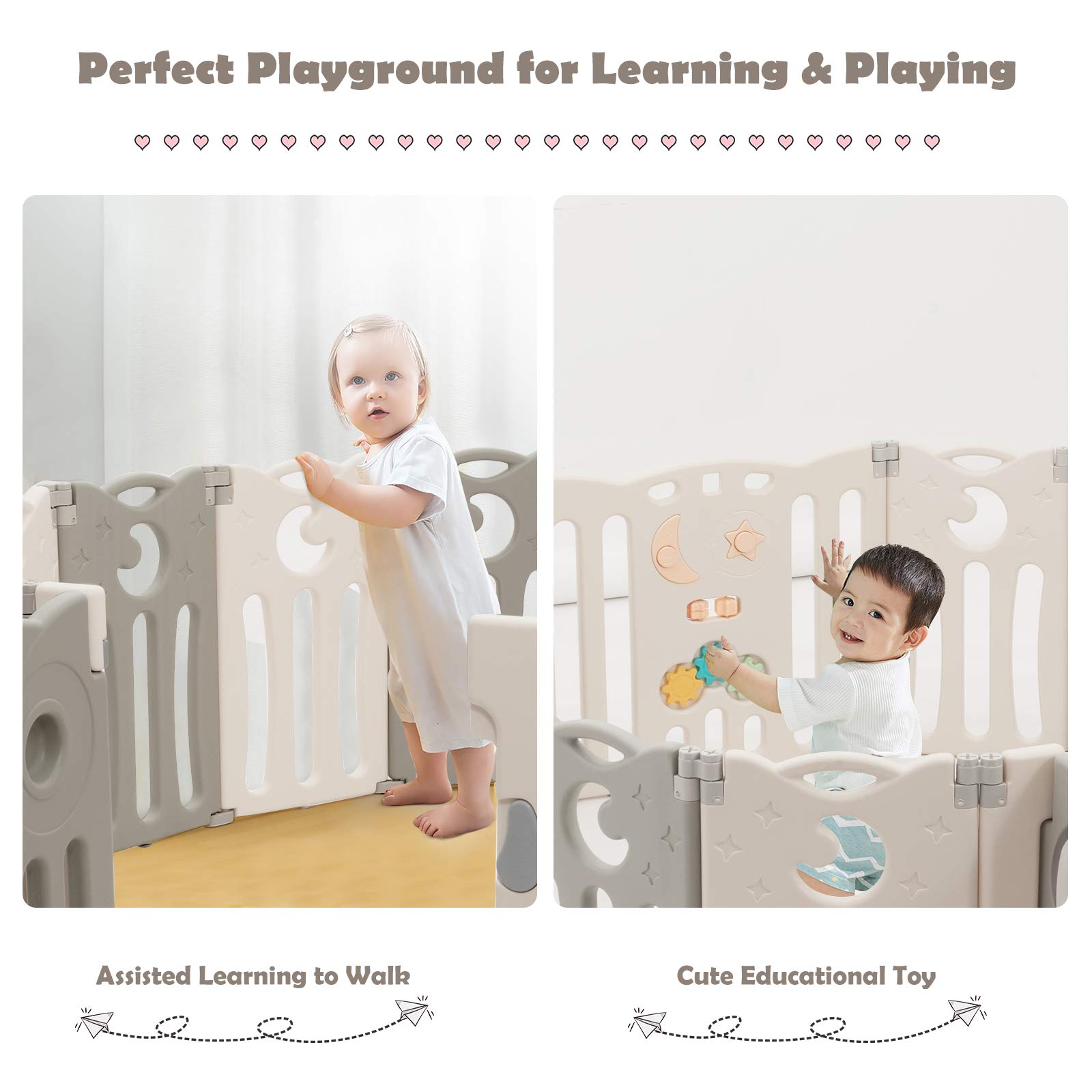 Costzon 14-Panel Foldable Baby Playpen with Locking Door - Non-Slip Rubber Bases & Pads for Safety - Indoor/Outdoor Adjustable Play Yard for Toddlers & Infants (Beige) - Perfect for Home, Nursery, Daycare & Backyard Use