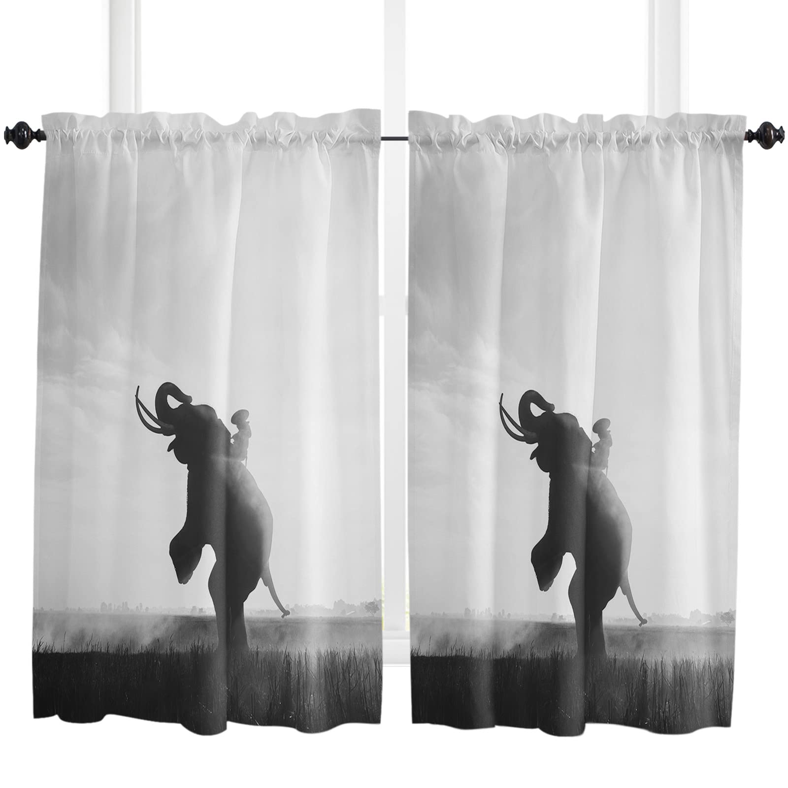 Seven Roses Sunset Elephant Silhouette Blackout Curtains 2 Panels - Grey & Black Farmhouse Style Window Drapes 104x54 inches for Living Room, Bedroom, Bathroom & Kitchen - Perfect for Privacy, Light Control & Home Decor