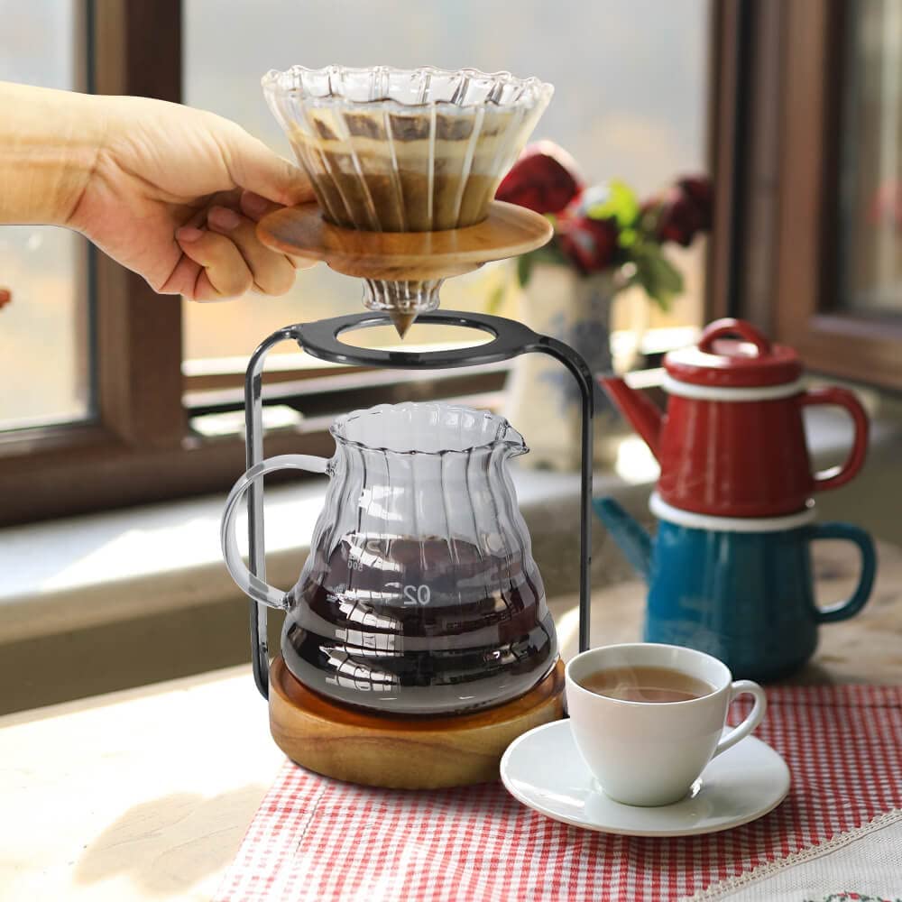Premium Wooden Pour Over Coffee Stand Set - Glass Server, Dripper & Paper Filters for Perfect Coffee & Tea Brewing | Ideal for Home, Office & Cafe Use