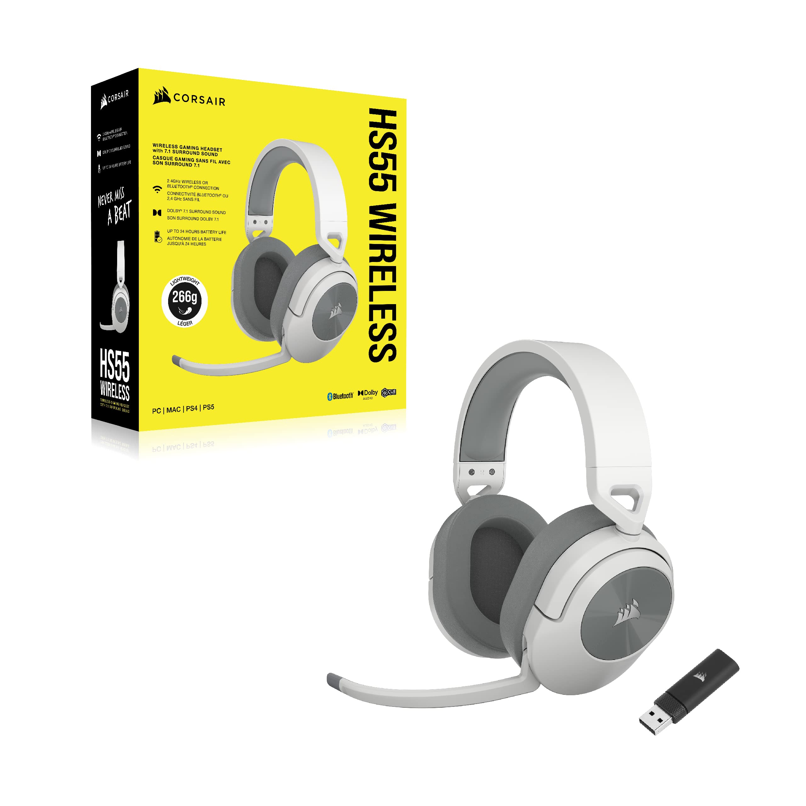 Corsair HS55 Wireless Gaming Headset - Bluetooth, Dolby 7.1 Surround Sound, Lightweight Design, iCUE Compatible - for PC, PS5, PS4, Nintendo Switch & Mobile (White) - Perfect for Competitive Gaming & Immersive Entertainment