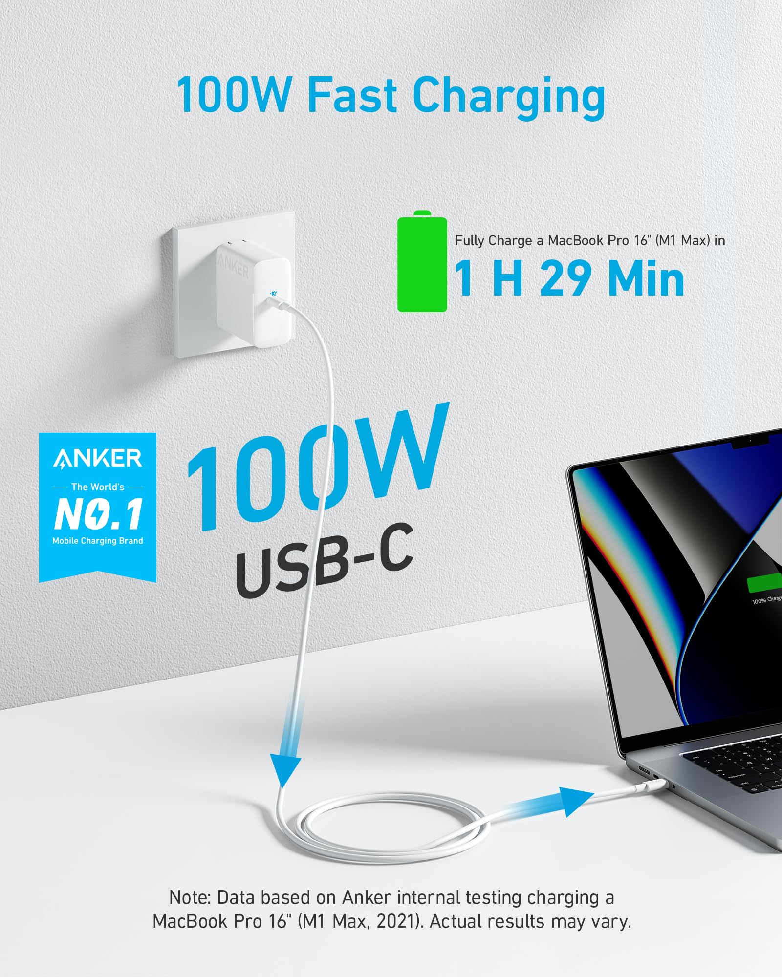 Anker 100W USB C Fast Charger for MacBook Pro/Air, iPad Pro, Samsung Galaxy - Compact Foldable Power Adapter with 5ft USB C to C Cable | Perfect for Travel, Office & Home Charging