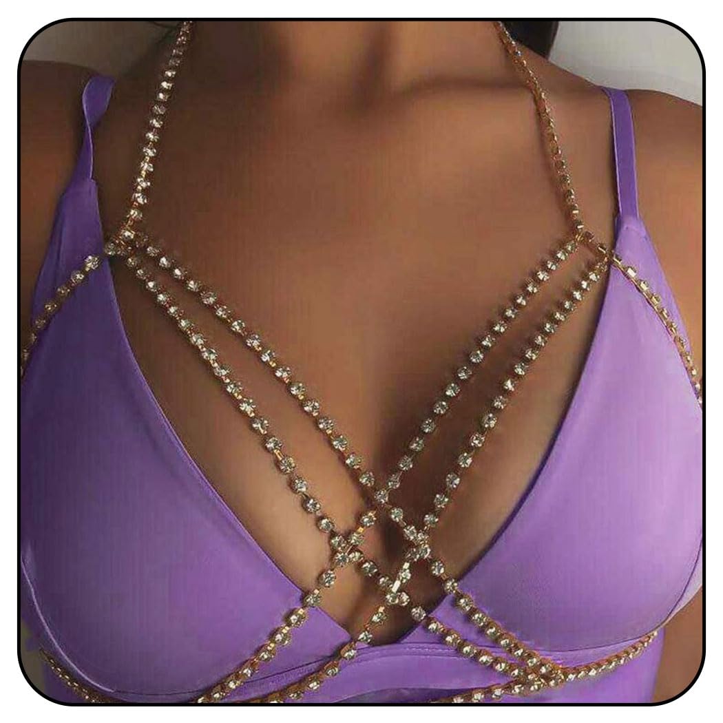 Zookey Gold Rhinestone Bikini Bra Body Chain - Sparkly Crystal Chest Jewelry for Women & Girls | Perfect for Nightclub, Beach Party, Festival & Bachelorette
