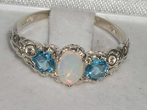 14K White Gold Genuine Opal & Blue Topaz Women's Band Ring - Elegant Stackable Jewelry for Everyday Wear & Special Occasions