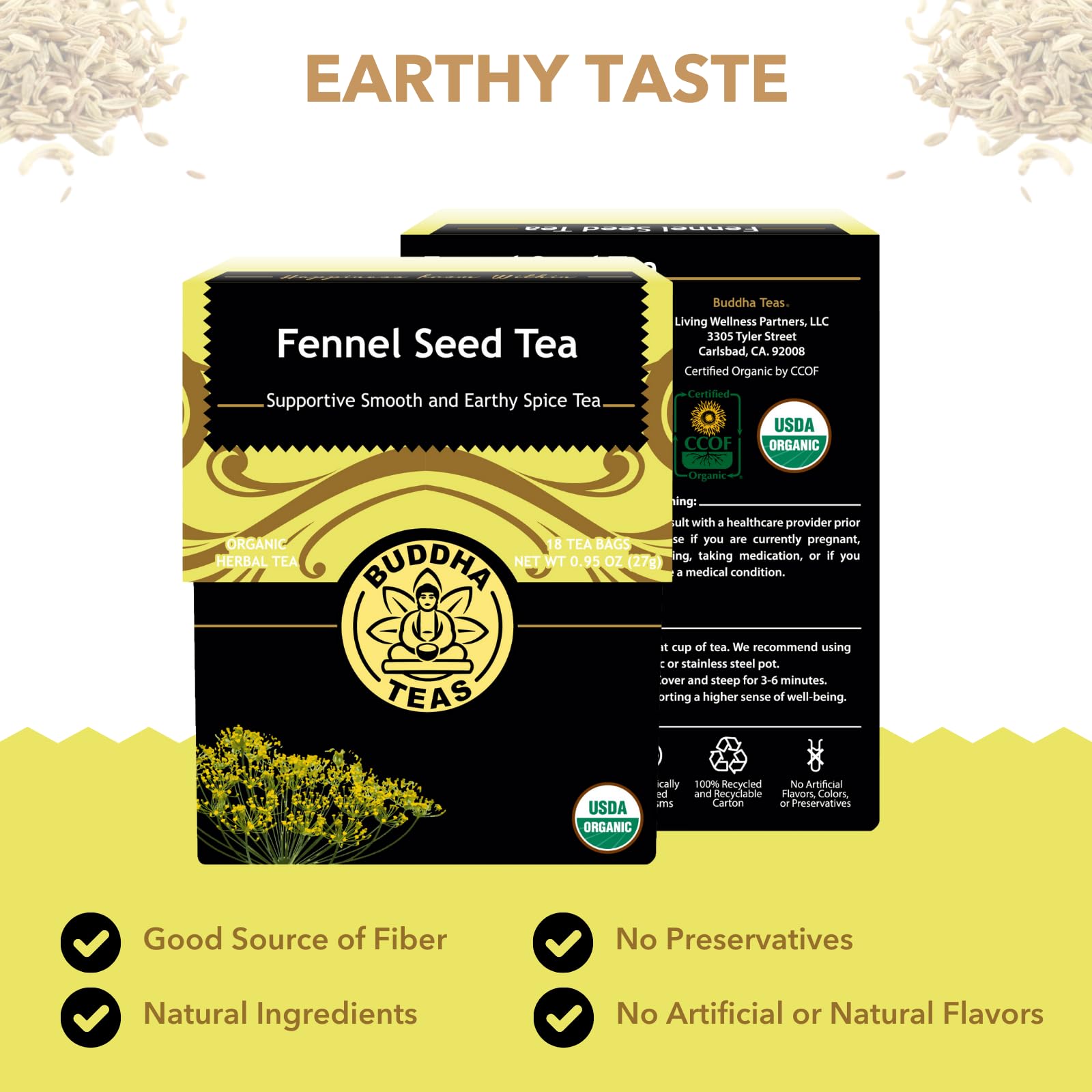 Organic Fennel Seed Tea by Buddha Teas - USDA Certified Herbal Tea for Digestion & Wellness - OU Kosher, Clean Ingredients - 18 Tea Bags (Pack of 1) - Perfect for After Meals, Relaxation & Natural Digestive Support