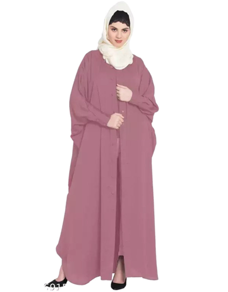 Elegant Arabic Front Open Kaftan with Self-Button Cuffs in Mauve Pink - Perfect for Boho Chic Outfits, Beach Cover-Ups & Special Occasions