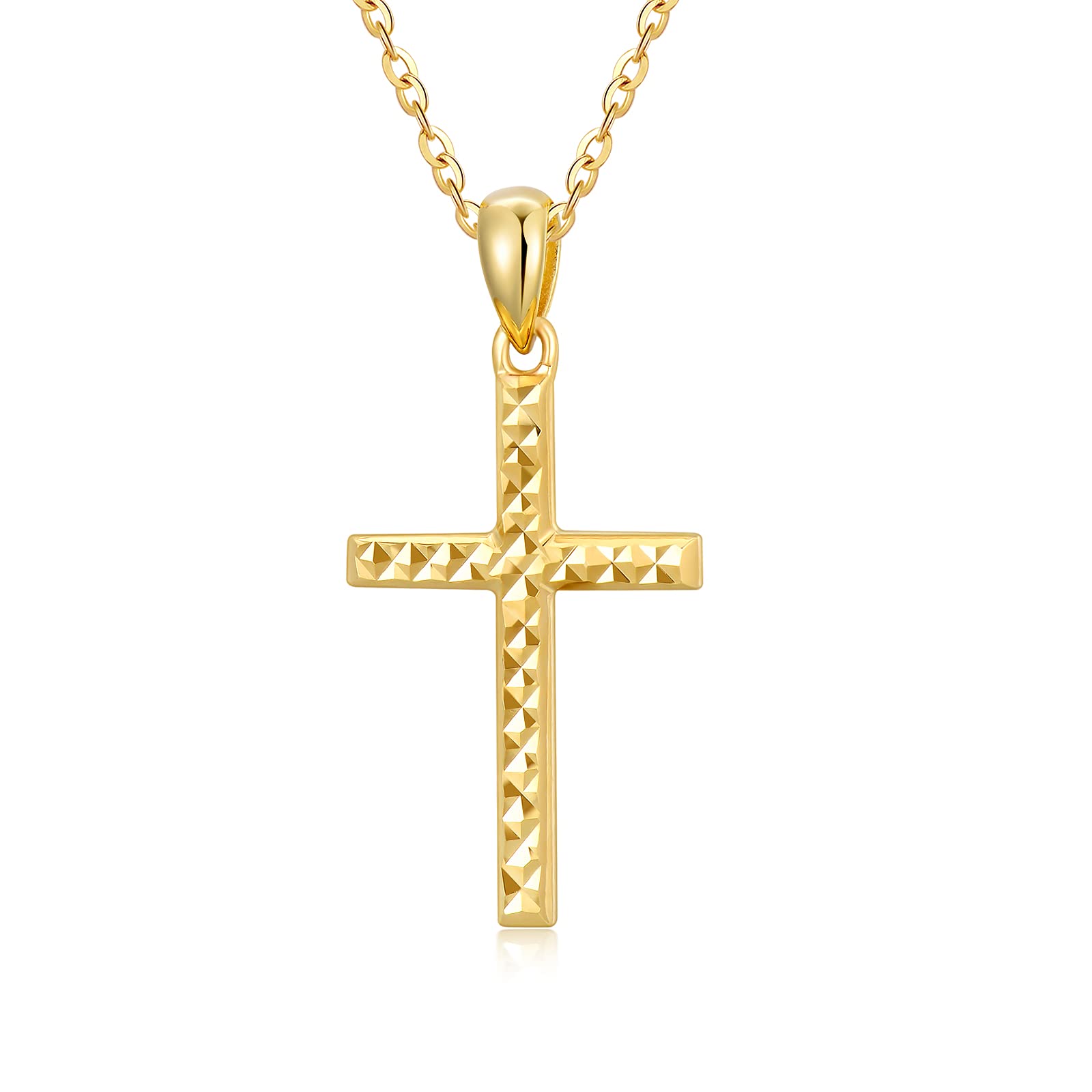 14K Solid Gold Cross Necklace for Women - Yellow Gold Italian Diamond-Cut Religious Pendant Necklace | Anniversary, Birthday Gift for Wife & Girlfriend | 16