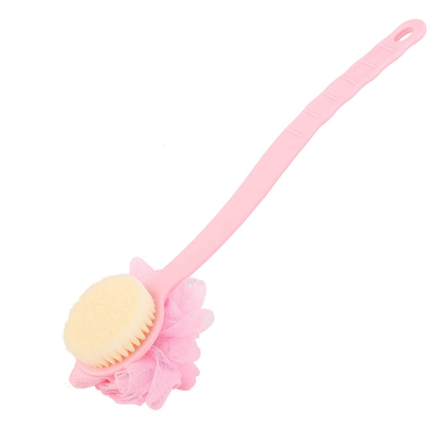 LAGET® 2-in-1 Long Handle Loofah Back Scrubber & Mesh Sponge - Exfoliating Shower Brush with Ergonomic Curved Handle for Men & Women | Perfect for Hard-to-Reach Areas & Deep Cleansing (Multicolor, Pack of 1)