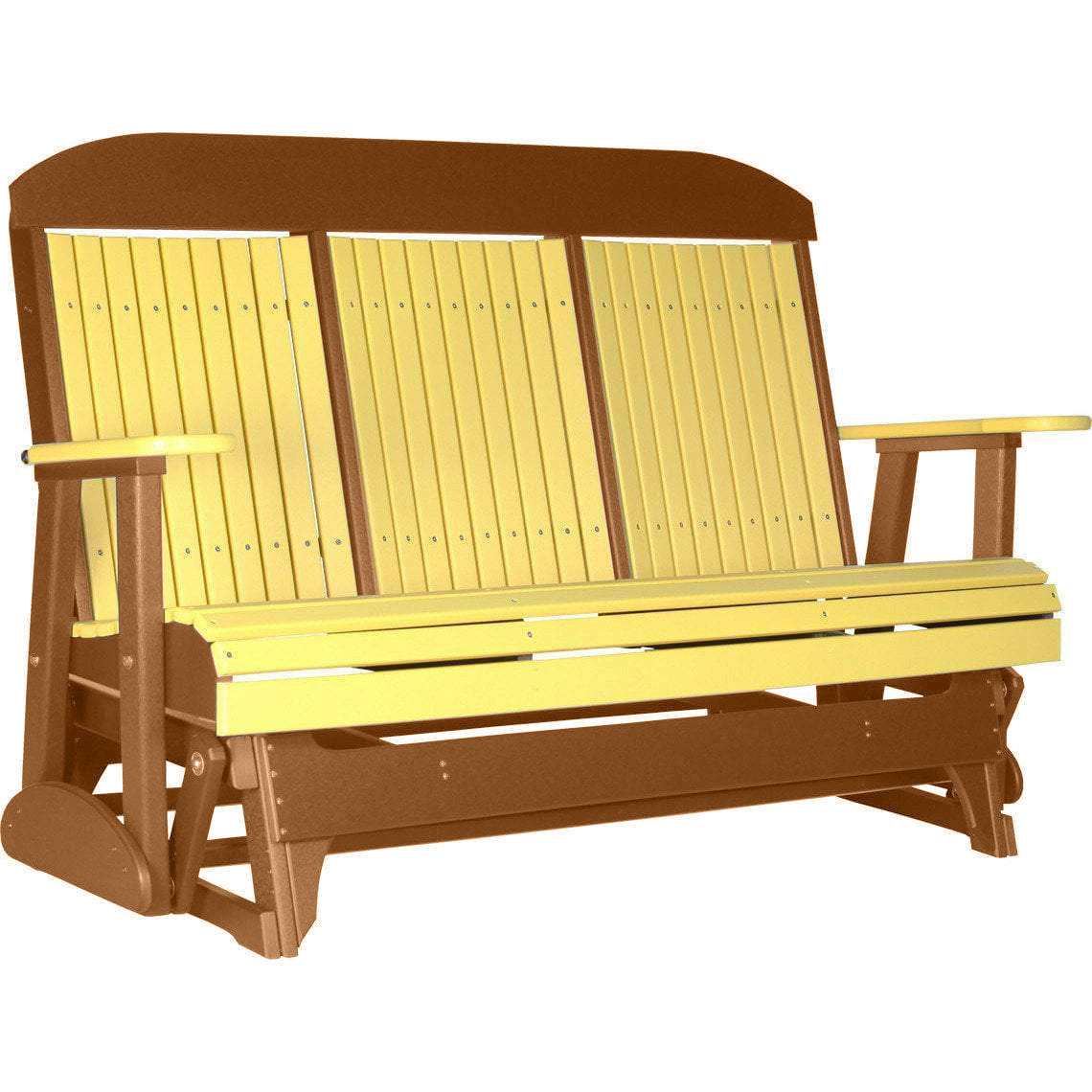 LuxCraft 5 ft. Yellow Recycled Plastic Highback Outdoor Glider with Cup Holder - Perfect for Patio, Garden, and Backyard Relaxation