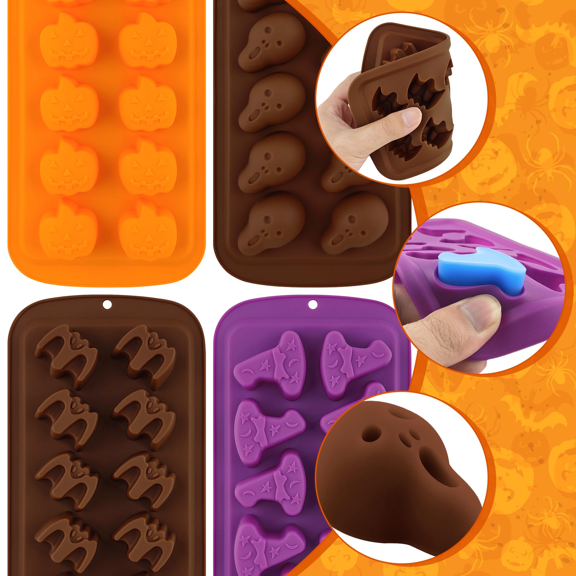 Halloween Candy Molds 4 Pcs - Silicone Chocolate Molds Set with Ghost, Pumpkin, Bat & Witch Hat Shapes - Perfect for DIY Halloween Treats, Party Favors & Home Baking Decorations