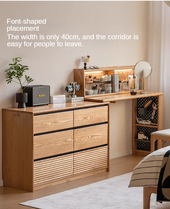 Solid Oak Wood Modern Extendable Dressing Table - Adjustable Vanity Desk for Makeup & Skincare - Perfect for Bedroom, Dorm, or Apartment