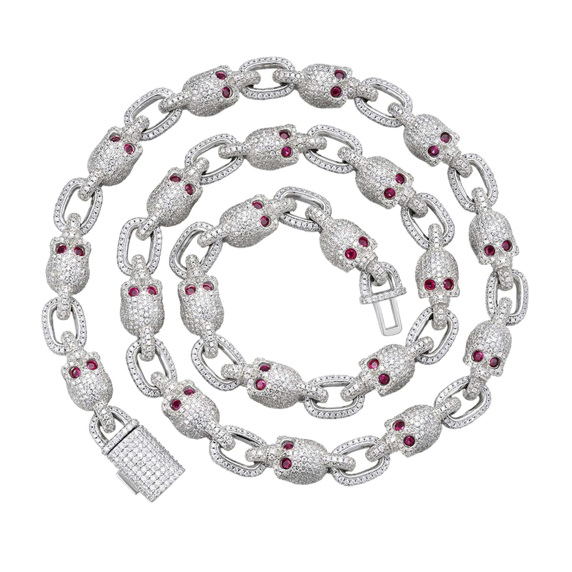 Moissanite Skull Link Necklace with Red Eyes - Gothic Punk Jewelry for Women & Men - Perfect for Halloween, Cosplay, and Edgy Fashion