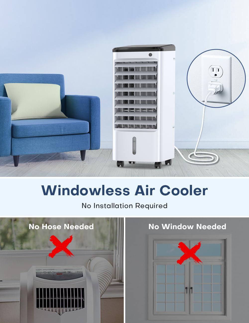 Portable Evaporative Air Cooler with 12H Auto-off Timer, 6 Ice Packs & Smart Remote - 3-Speed Windowless Swamp Cooler for Bedroom, Office, Living Room & Outdoor Use